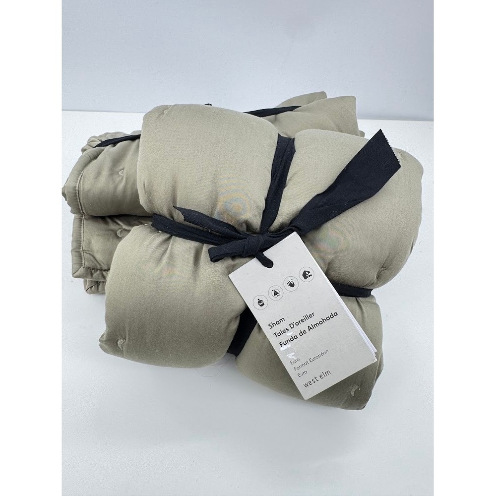 West Elm Cotton Velvet Pick Stitch Euro Sham Set Olive Green New - Picture 2 of 8